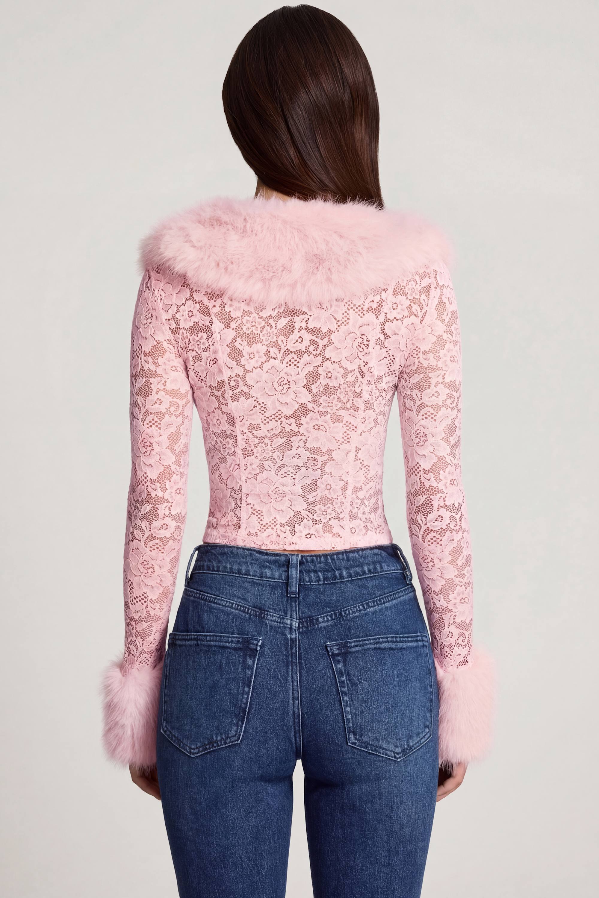 Sheer Lace Faux-Fur-Trim Cardigan in Pink