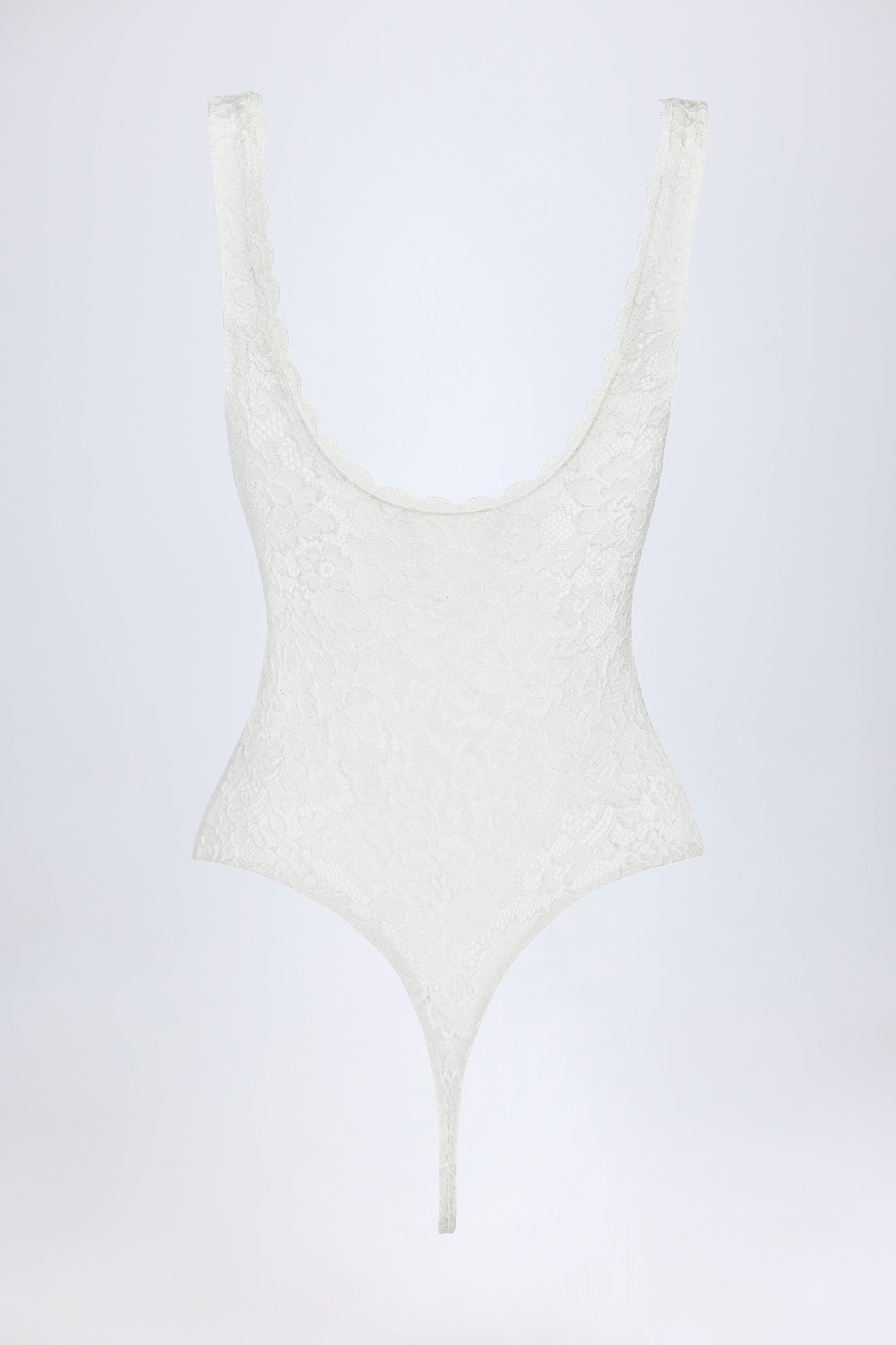 Sheer Lace Scalloped Plunge-Neck Bodysuit in White