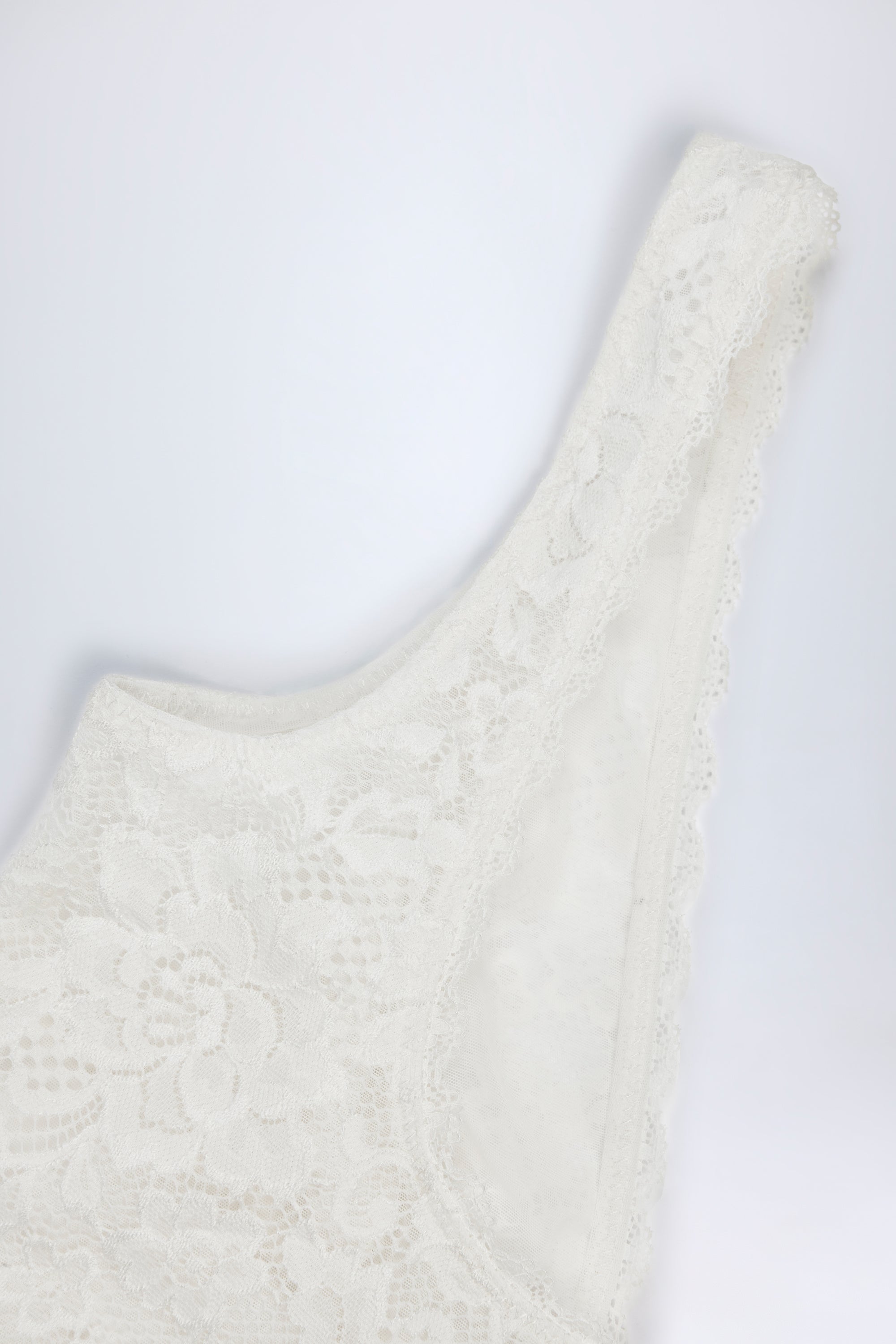 Sheer Lace Scalloped Plunge-Neck Bodysuit in White
