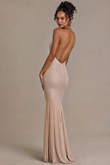 Embellished Plunge-Neck Open-Back Gown in Sand