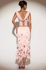 Embellished Mid-Rise Hanky-Hem Midaxi Skirt in Pink