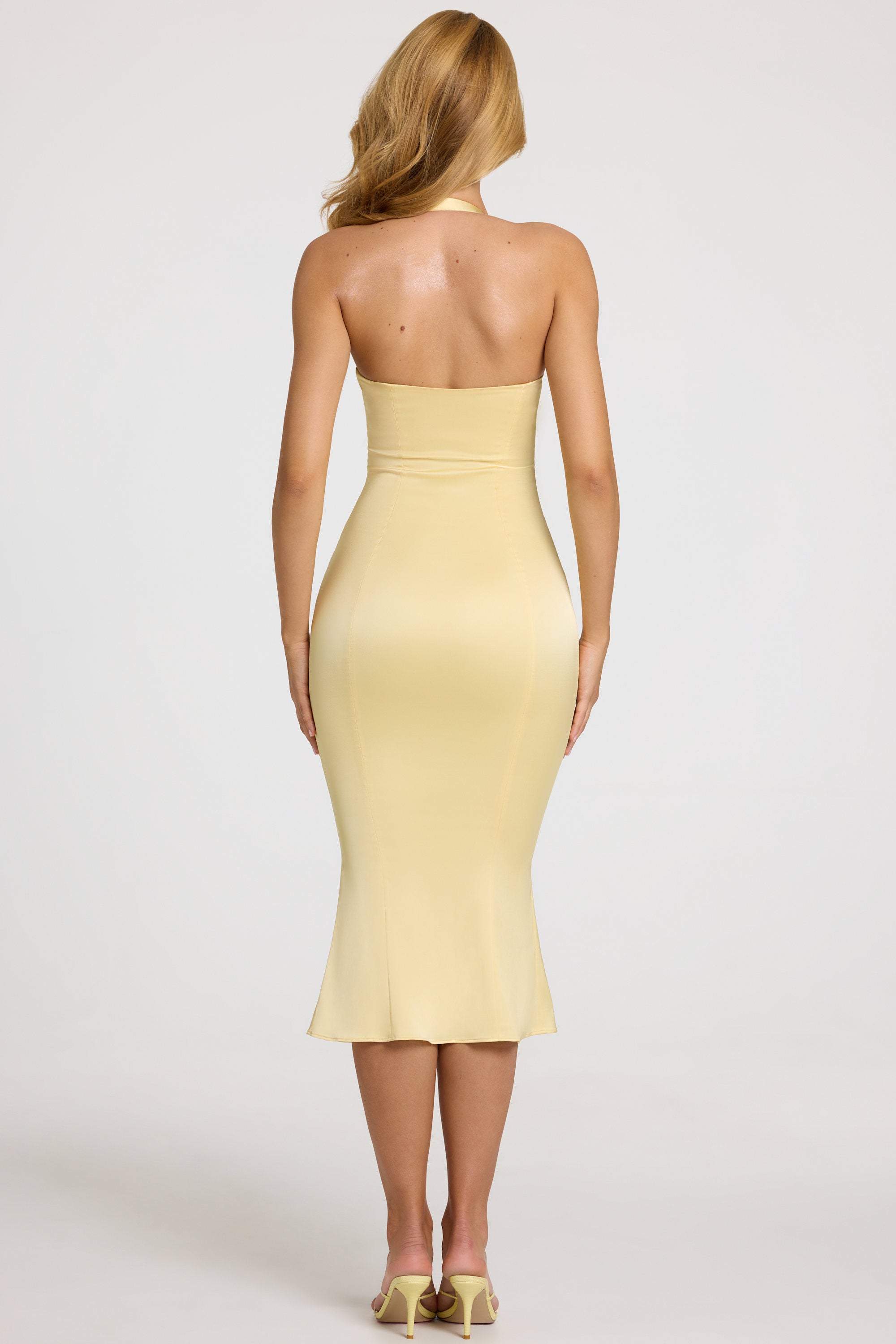 Satin Sweetheart Bustier Fishtail Midaxi Dress in Butter Yellow
