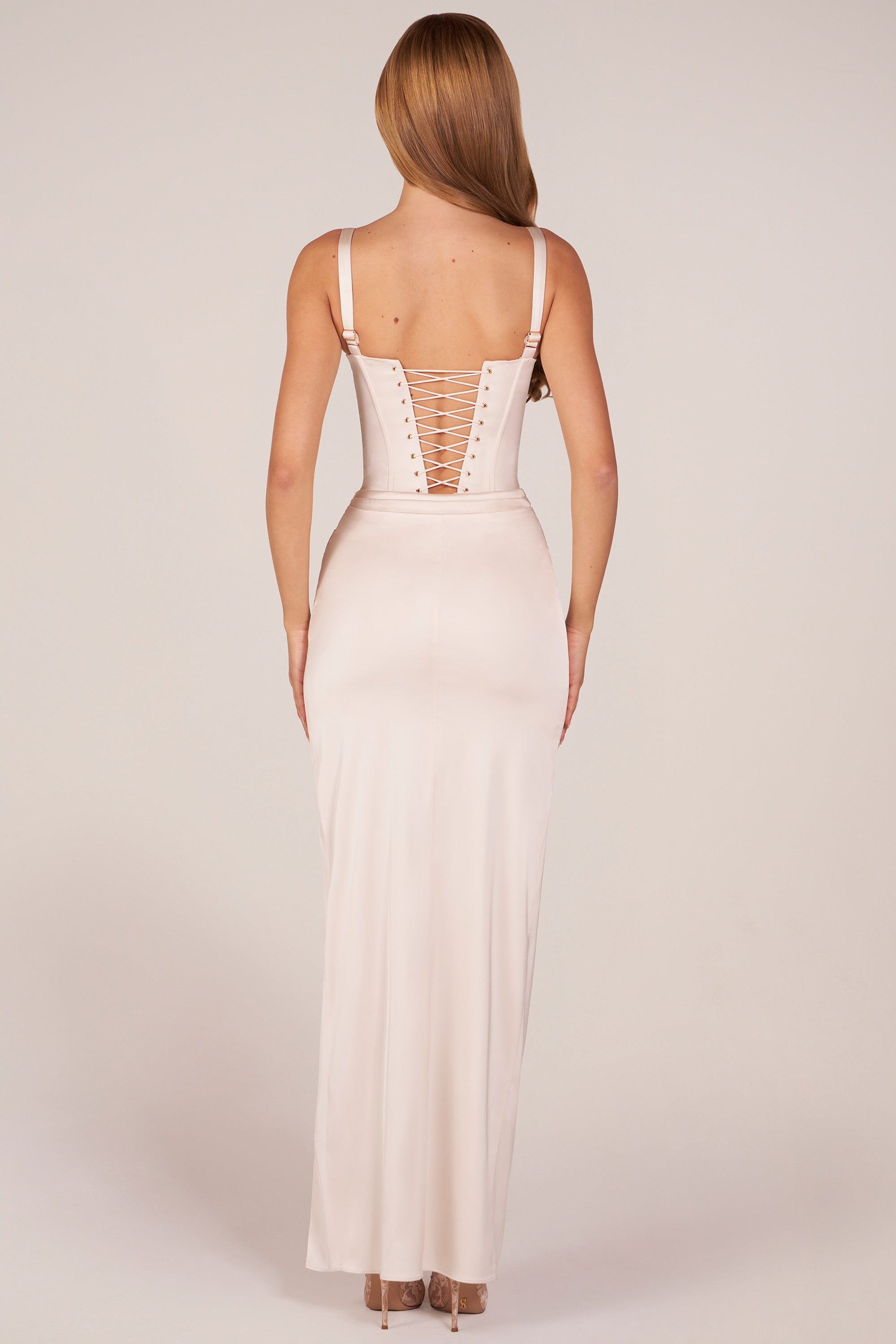 Corseted Thigh-High Split Maxi Dress in Pearl