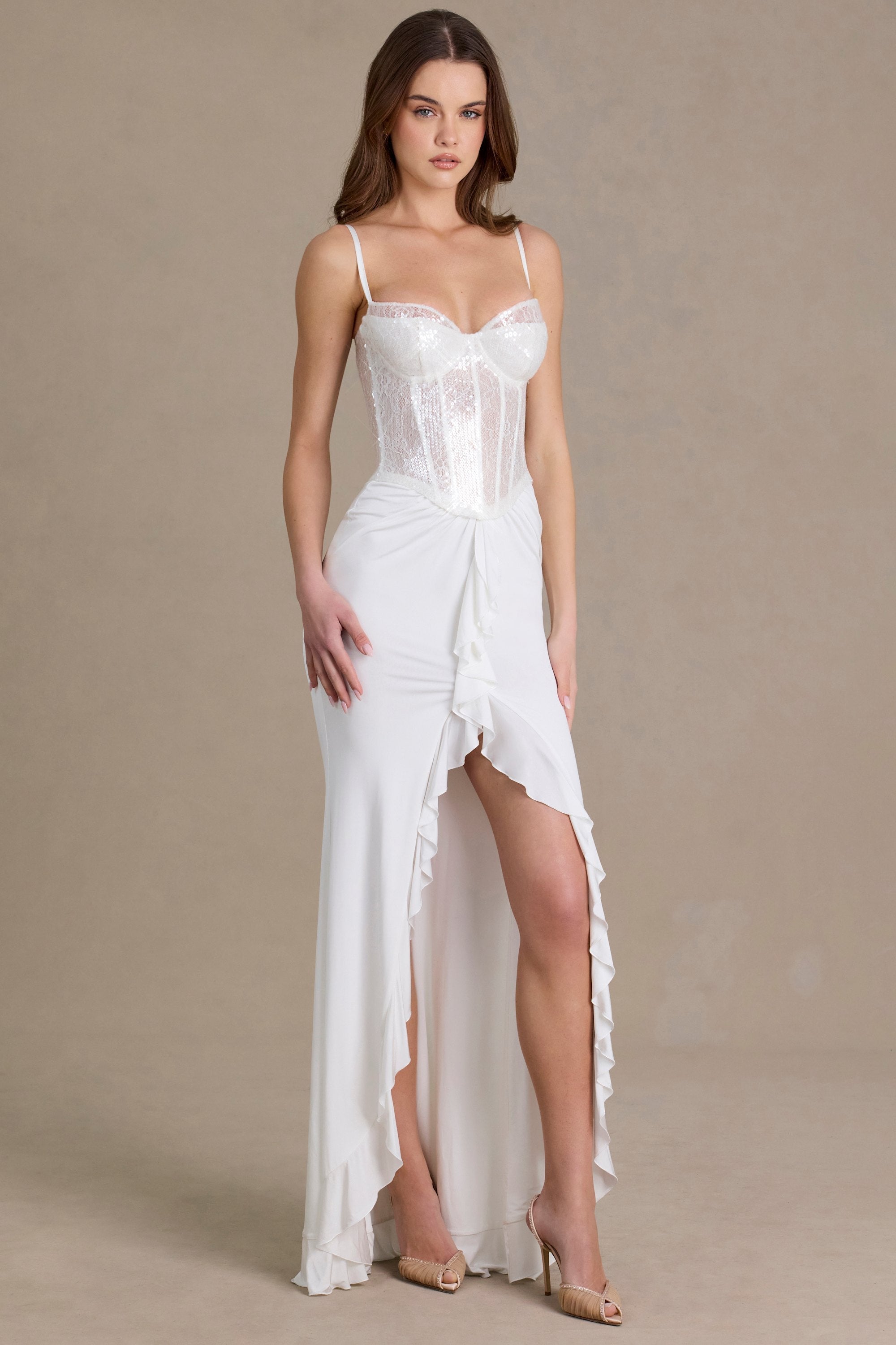 Embellished Lace Corset Gown in Snow