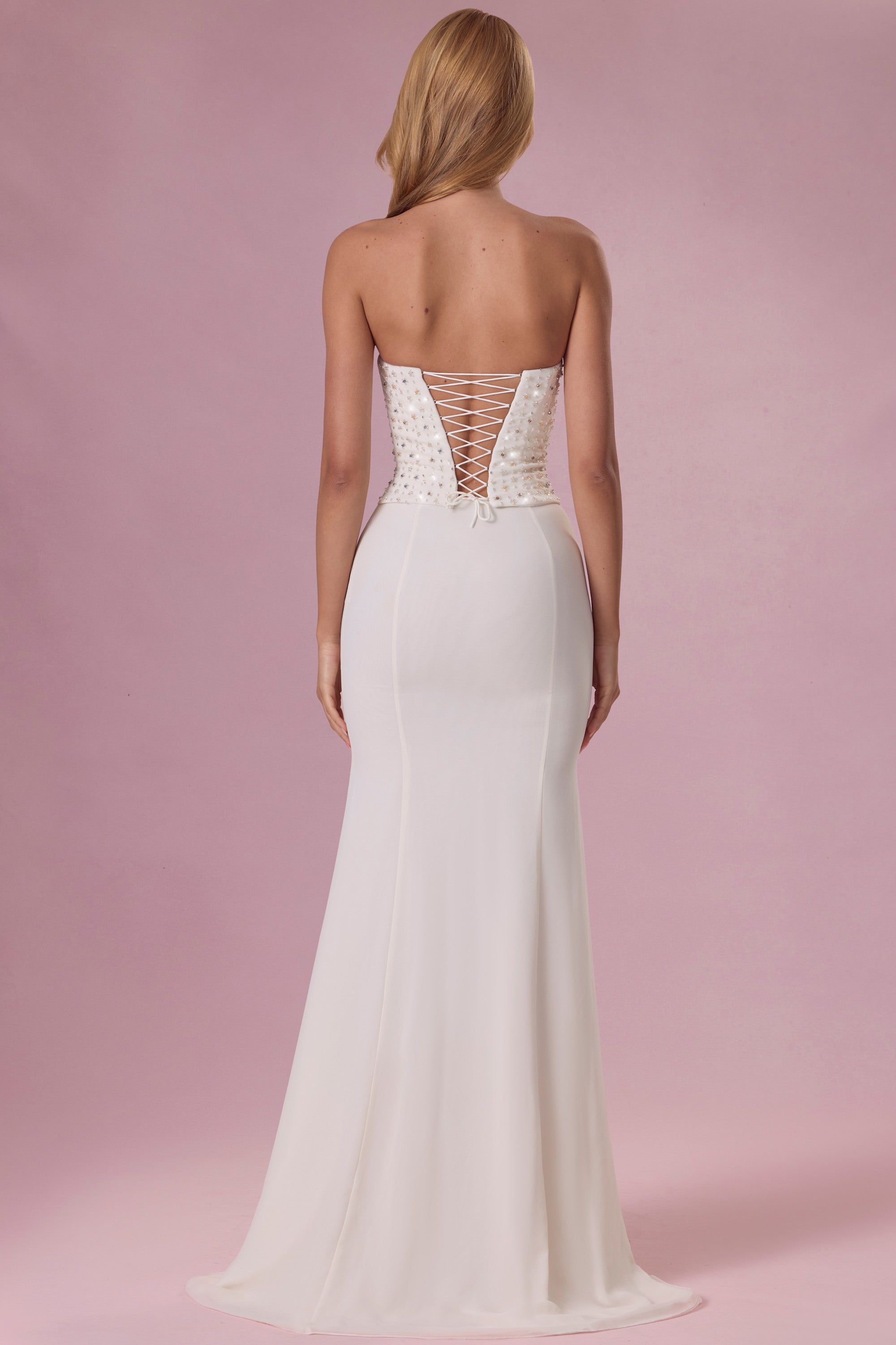 Embellished Corset Strapless Gown in Pearl