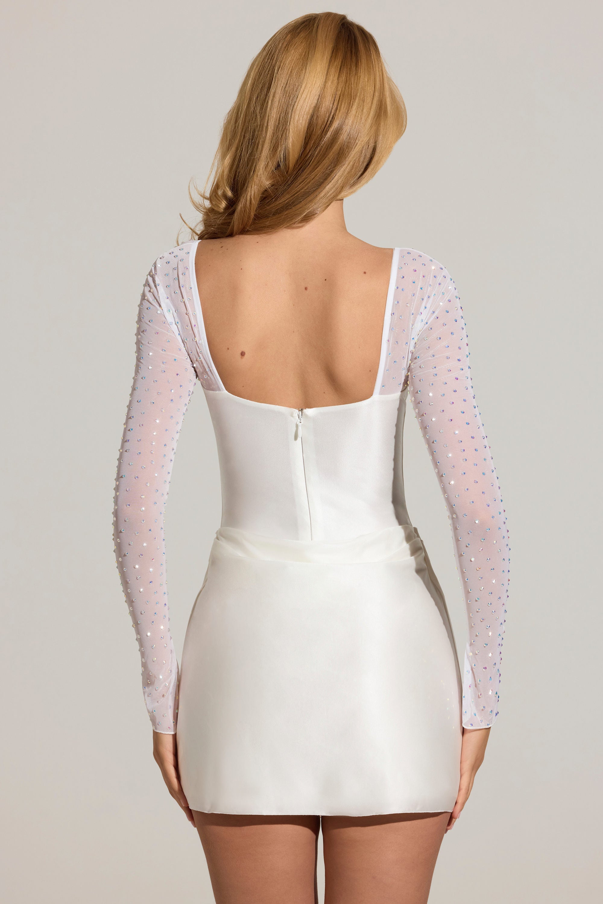 Embellished Long-Sleeve Draped Mini Dress in White