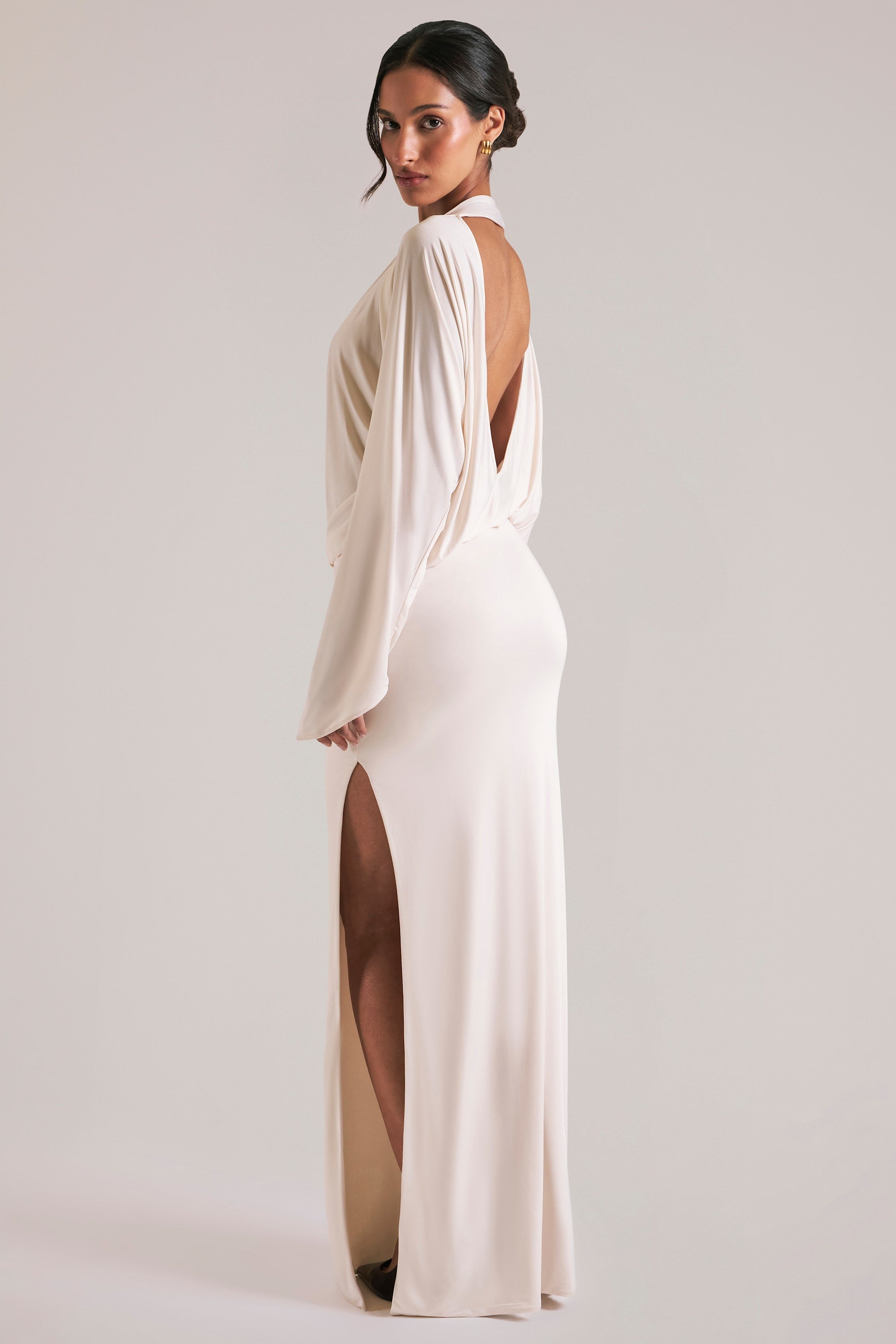 Long-Sleeve Draped Maxi Dress in Vanilla