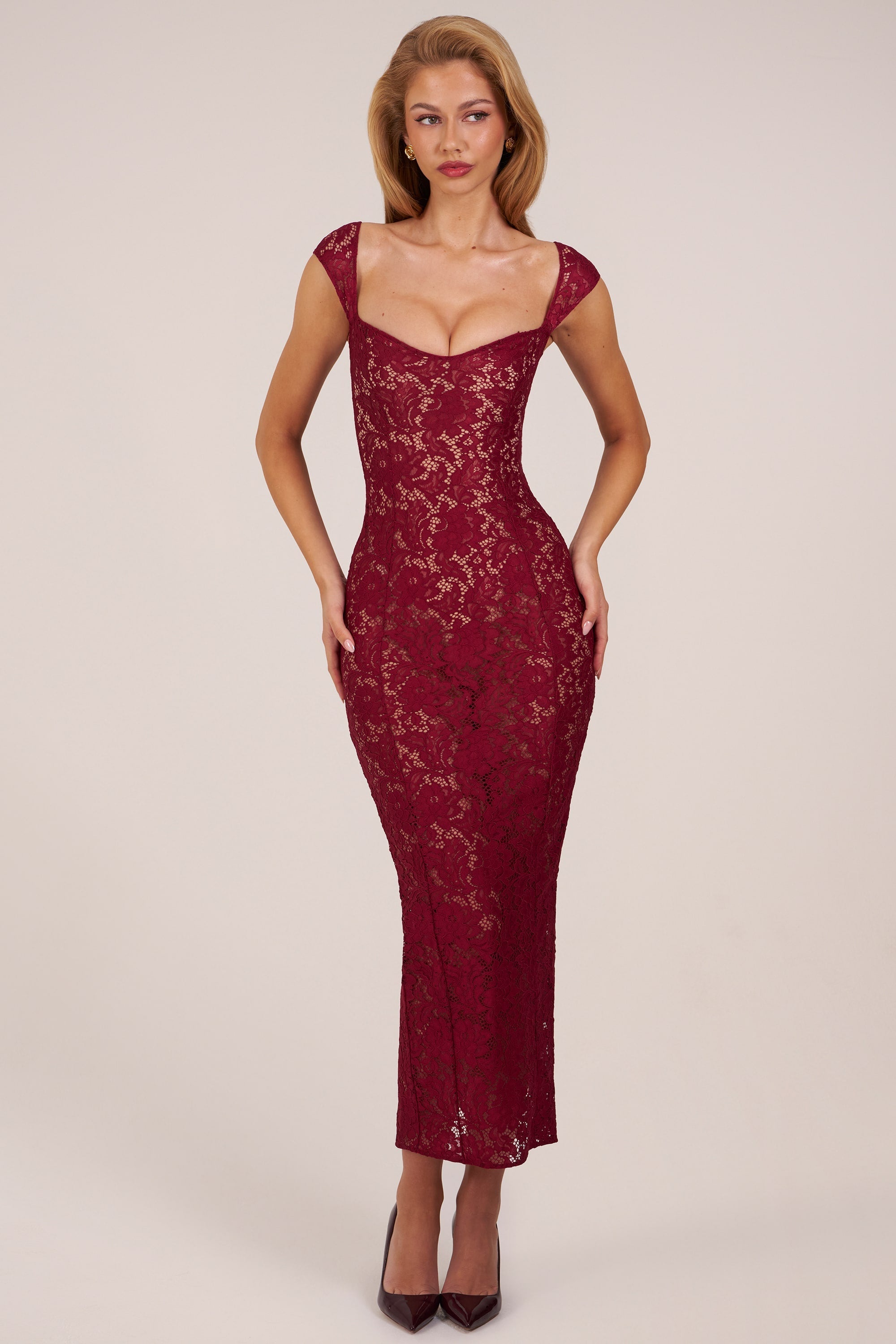 Sweetheart-Neck Maxi Dress in Wine