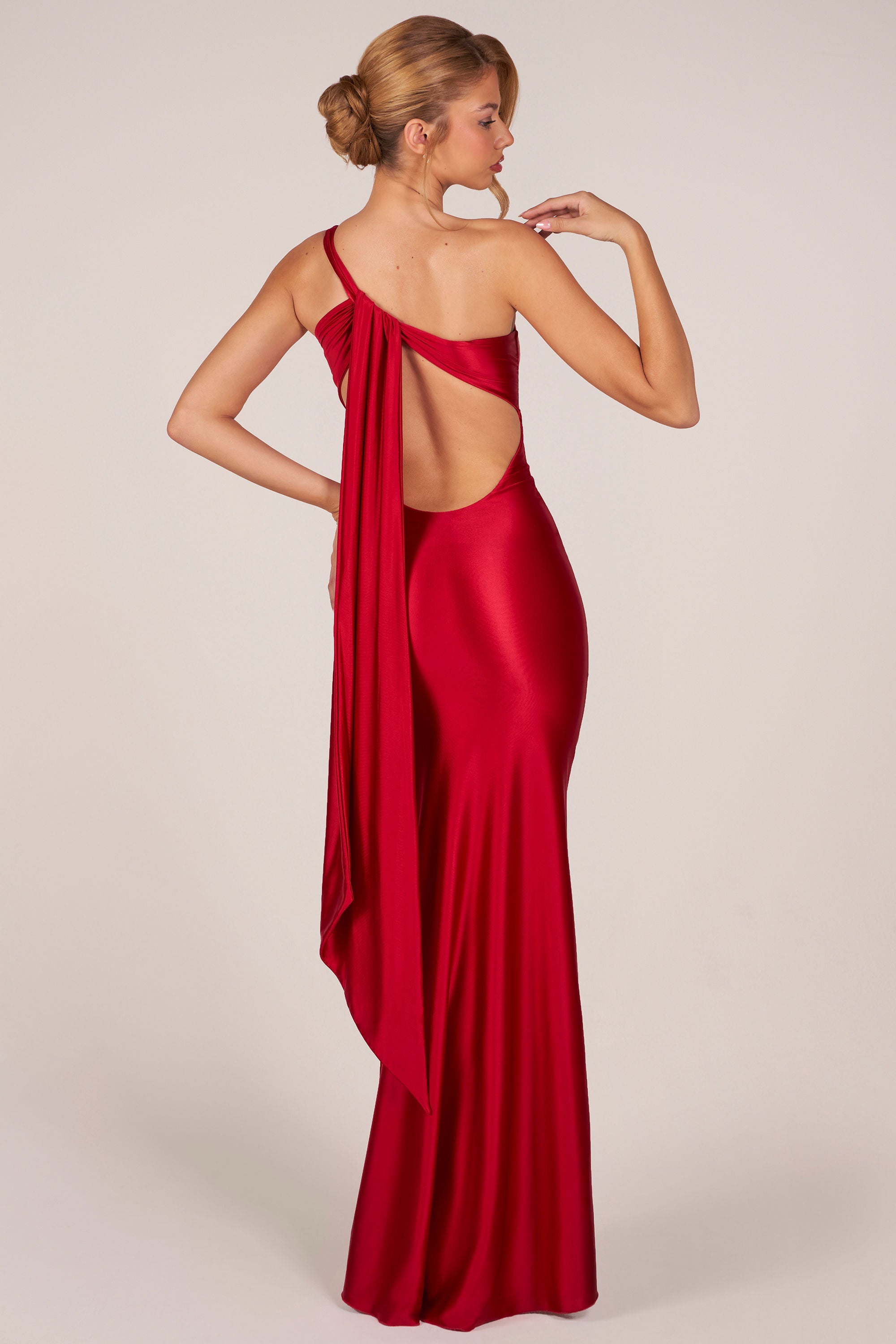 Asymmetric Tie-Back Gown in Cherry