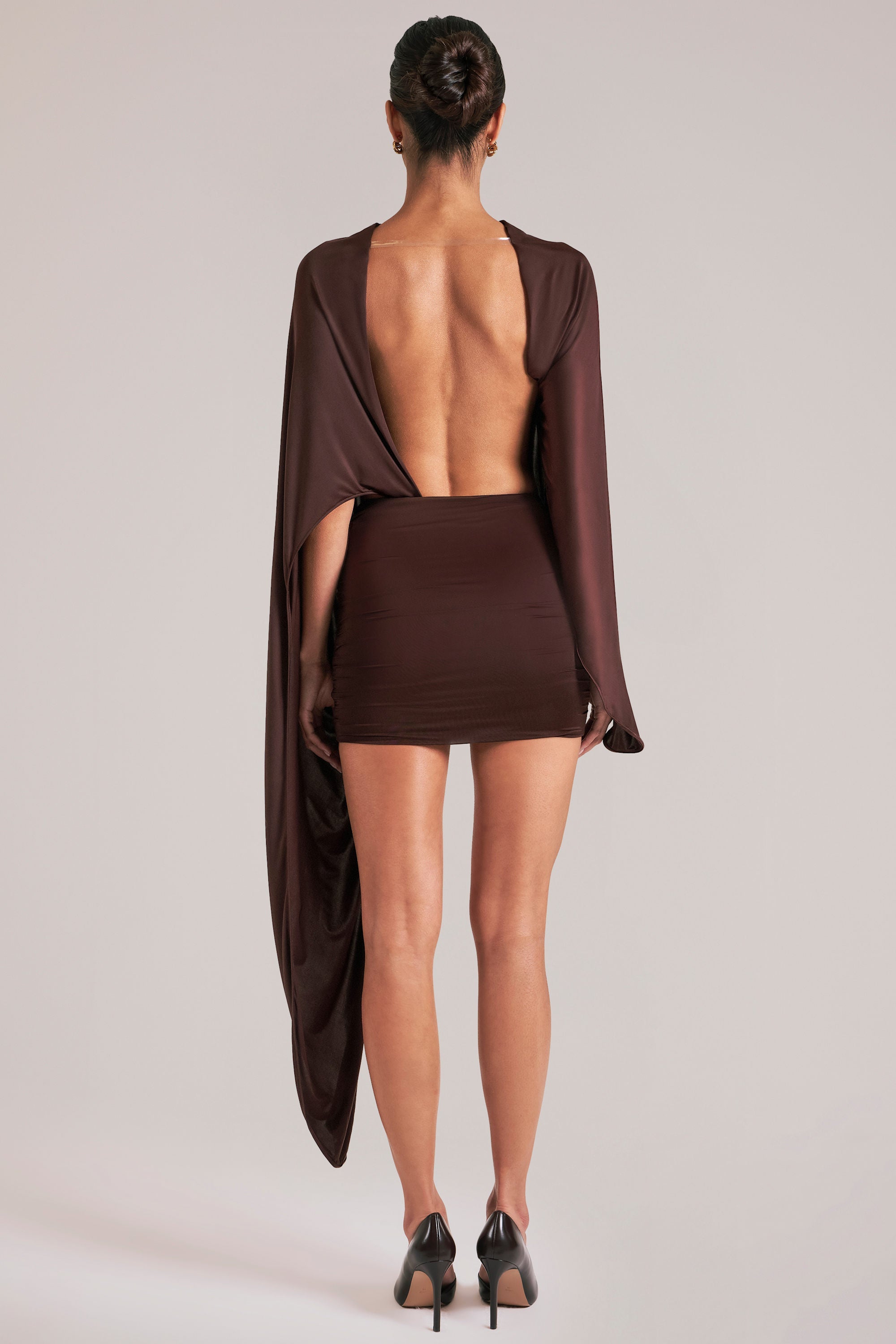 Draped Cape Mini Dress in Chocolate Brown