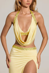 Embellished Deep Plunge Halterneck Top  in Lemon Yellow