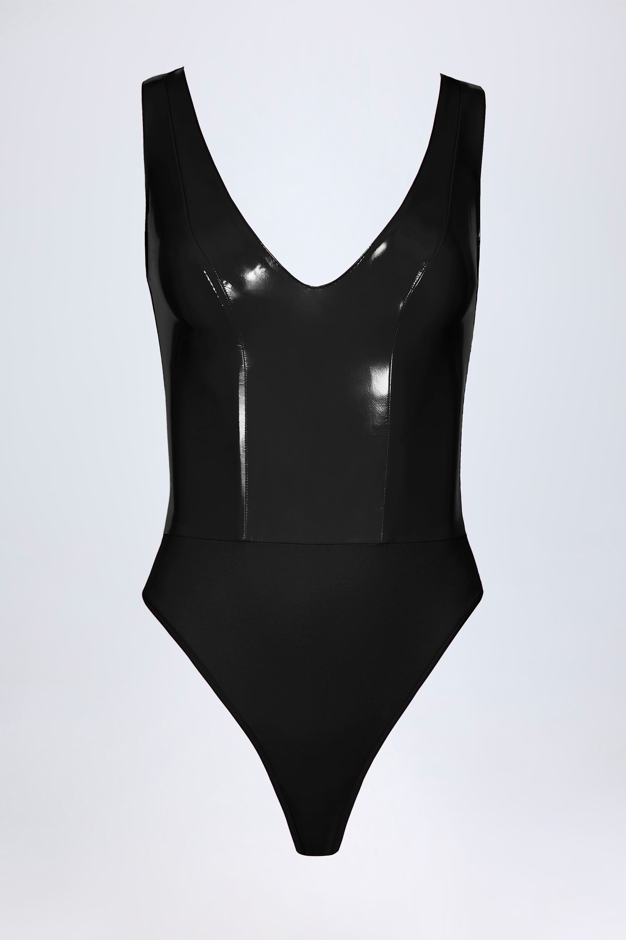 Glossy Vinyl Plunge-Neck Bodysuit in Black