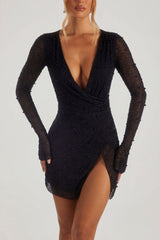Embellished Wrap Over A-Line Mini Dress in Black