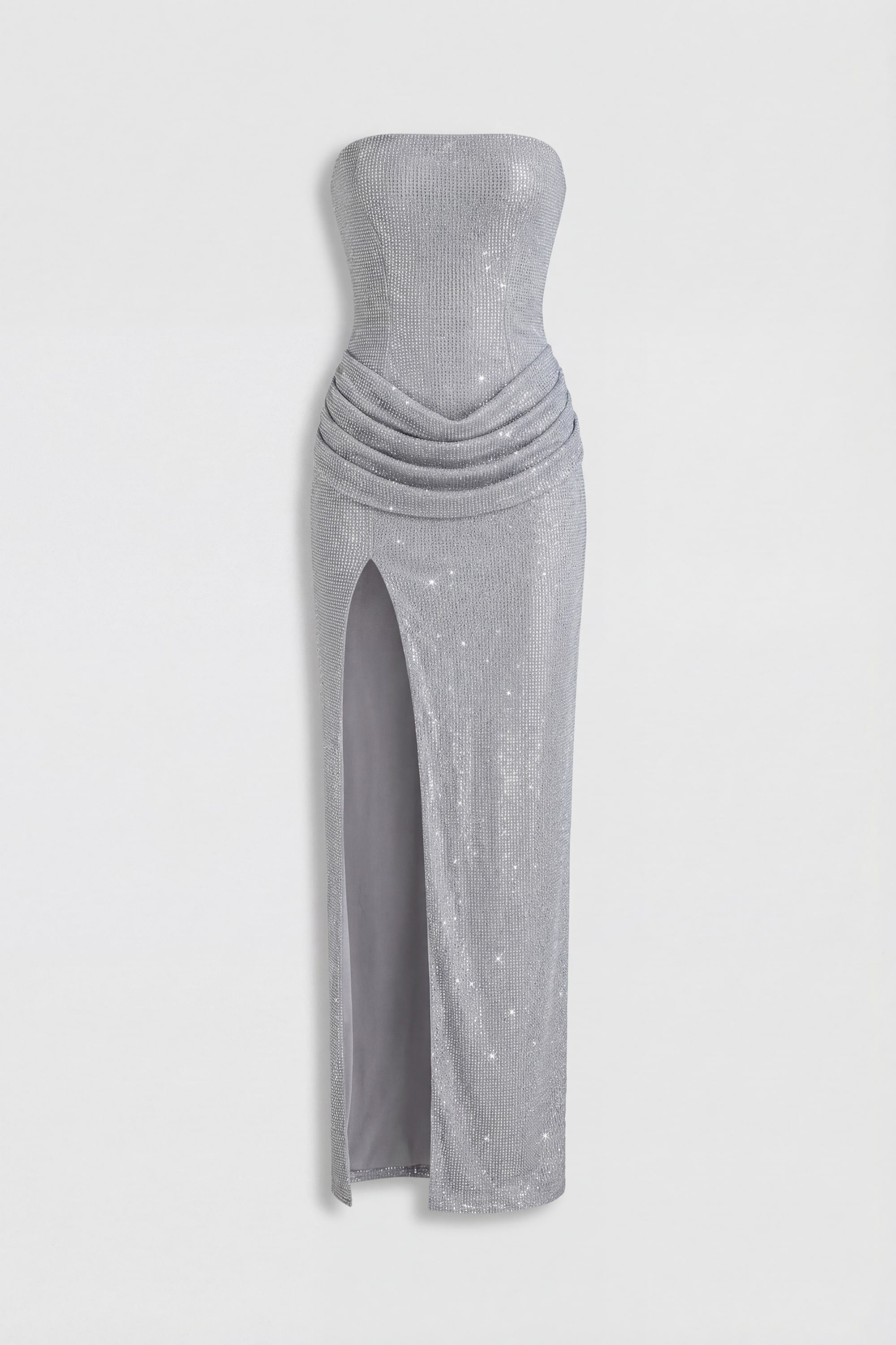 Embellished Bandeau Cowl-Waist Maxi Dress in Frost