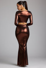 Mid Rise Metallic Jersey Maxi Skirt in Copper Bronze