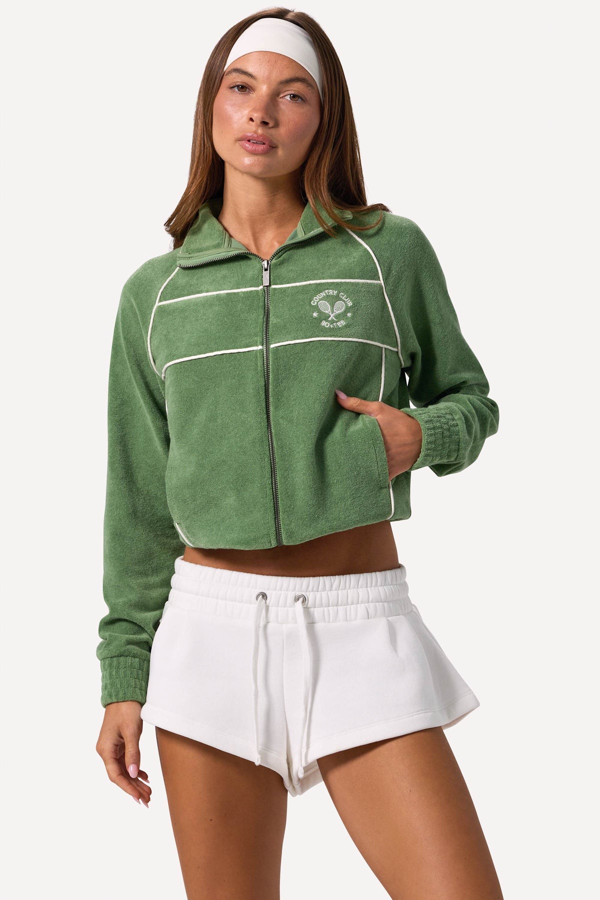 Terry Towelling Zip-Up Cropped Sweatshirt in Jade