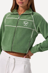 Terry Towelling Zip-Up Cropped Sweatshirt in Jade