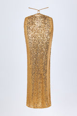 Embellished Hardware-Detail Strappy Maxi Skirt in Gold