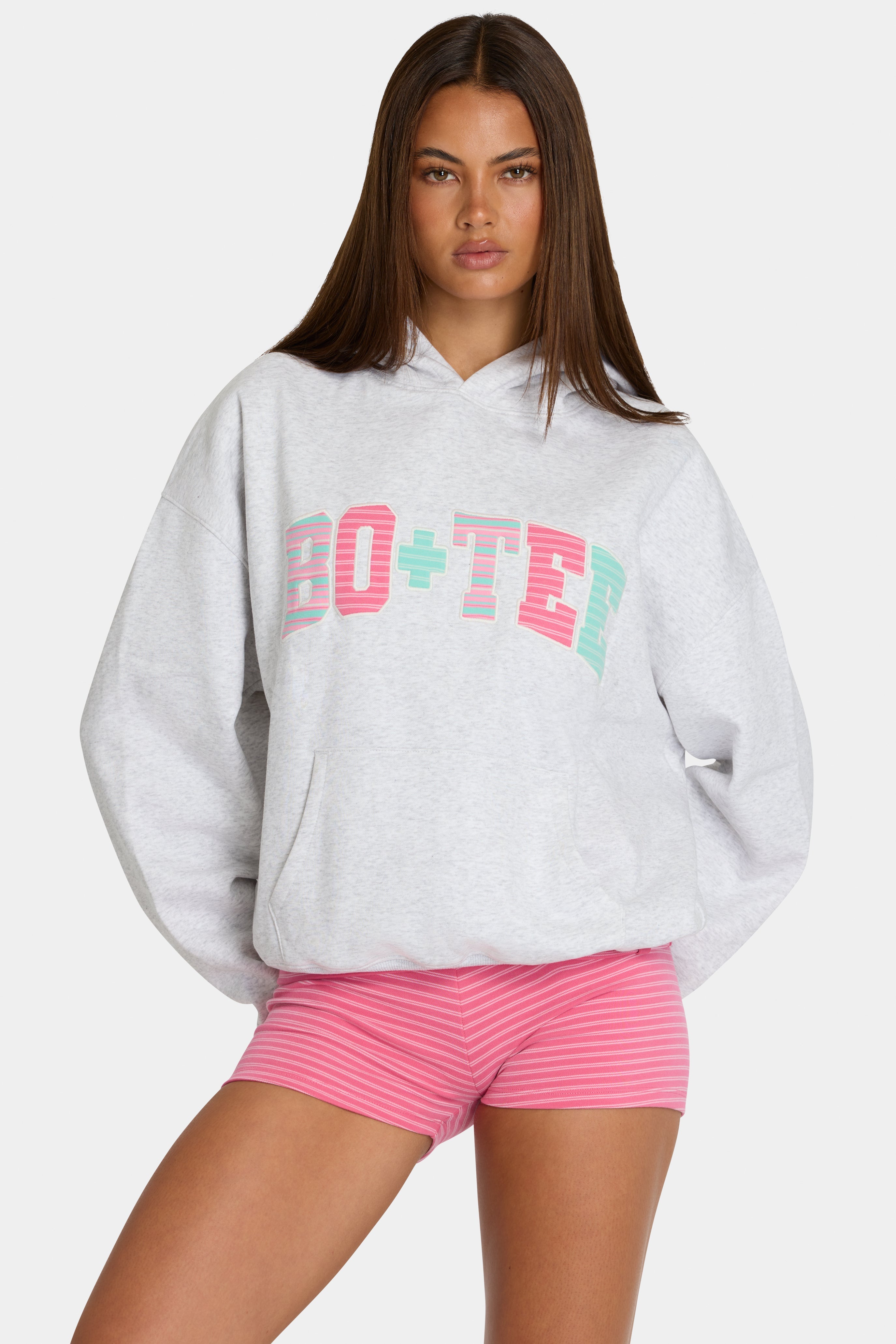 Oversized Applique Hoodie in Grey Marl Stripe