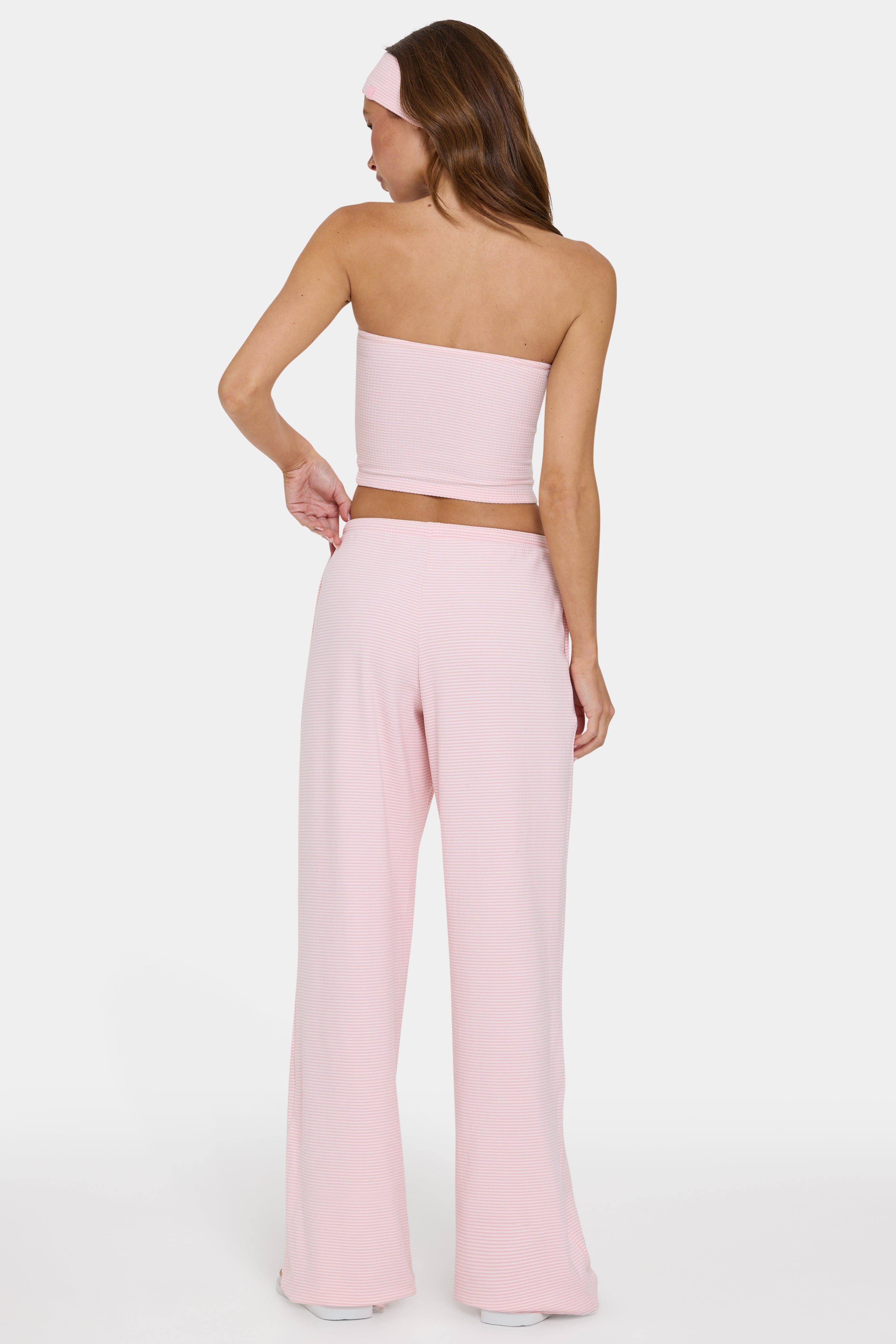 Ribbed Jersey Low-Rise Trousers in Peach Stripe