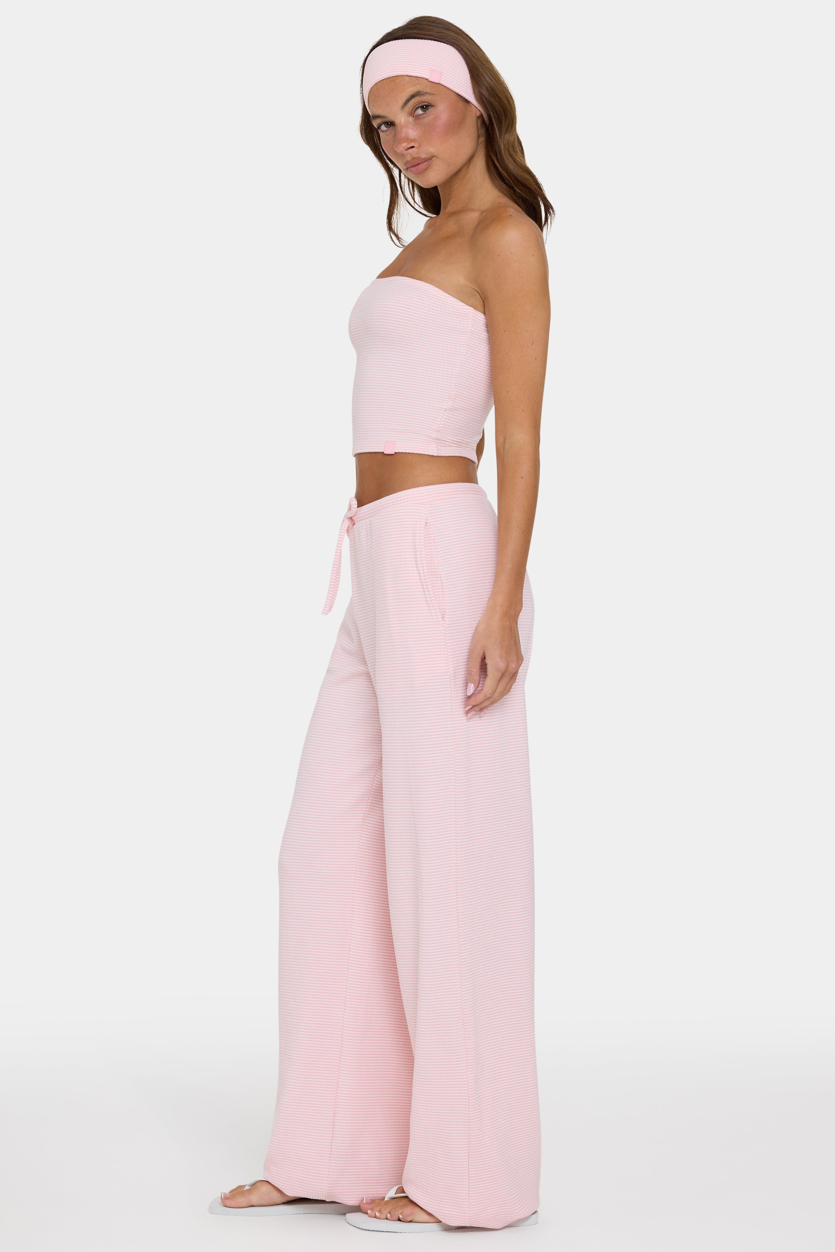 Ribbed Jersey Low-Rise Trousers in Peach Stripe