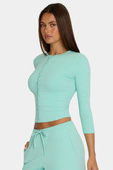 Brushed Jersey Crewneck Cardigan in Aqua Stripe