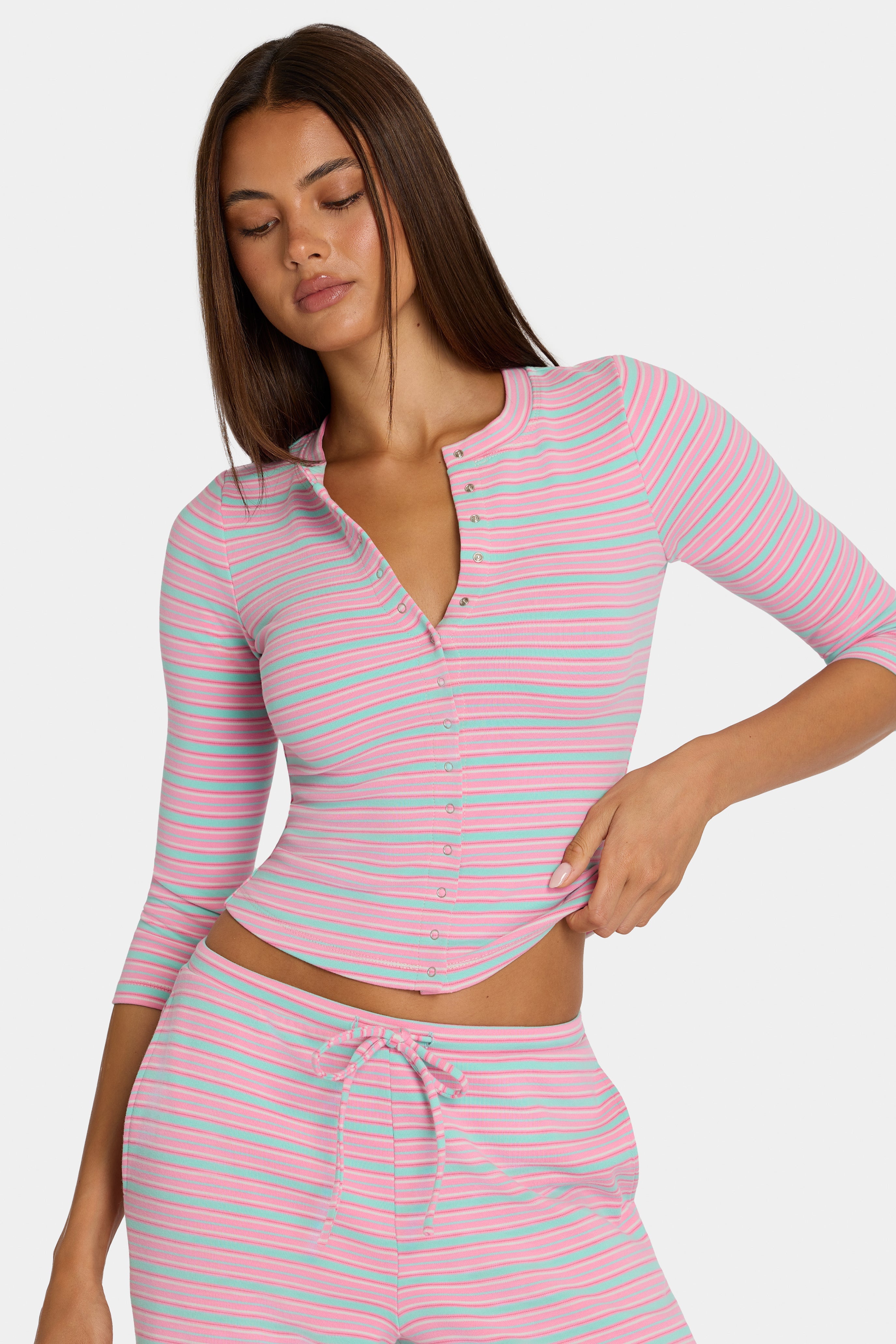 Brushed Jersey Crewneck Cardigan in Multi Stripe
