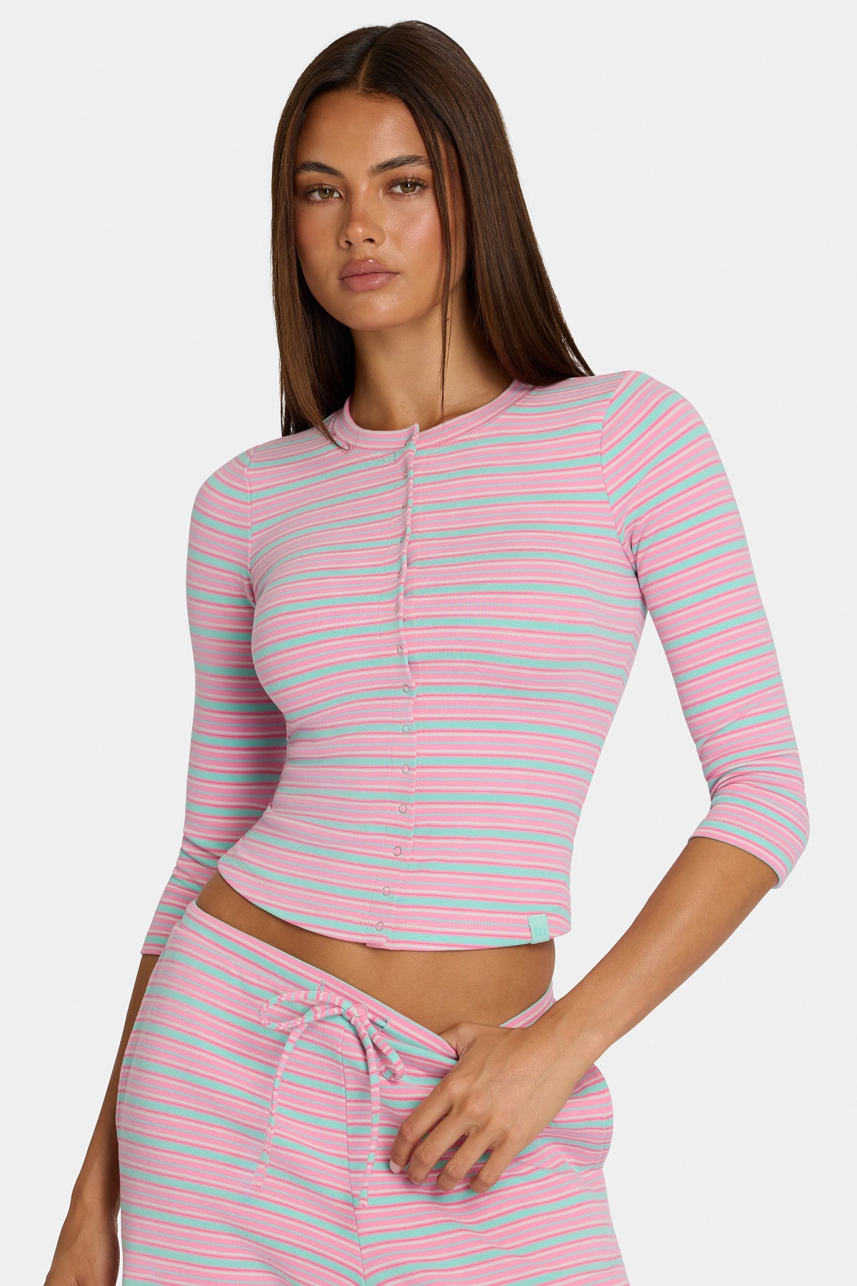 Brushed Jersey Crewneck Cardigan in Multi Stripe