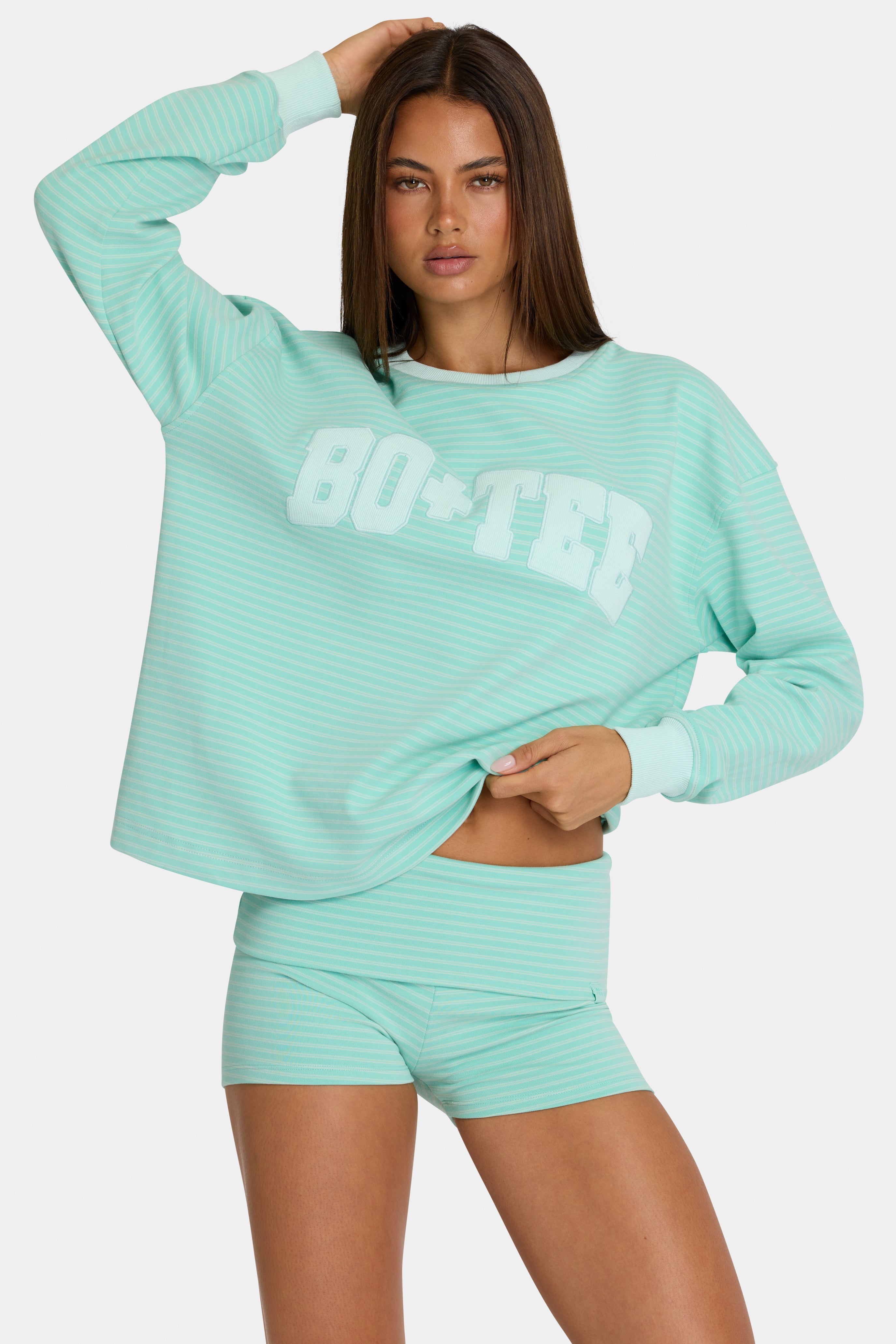 Brushed Jersey Crewneck Sweatshirt in Aqua Stripe