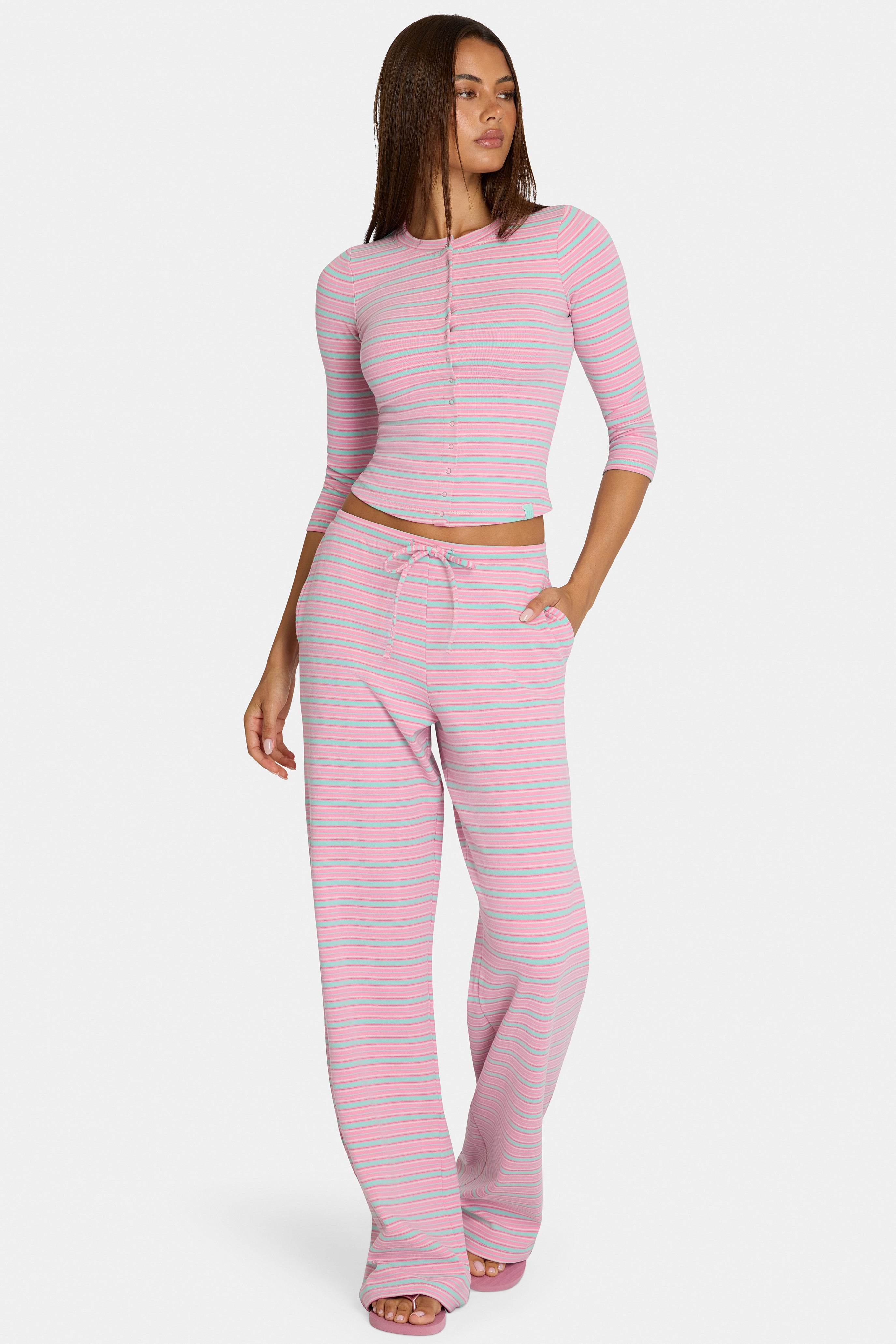 Brushed Jersey Low-Rise Trousers in Multi Stripe