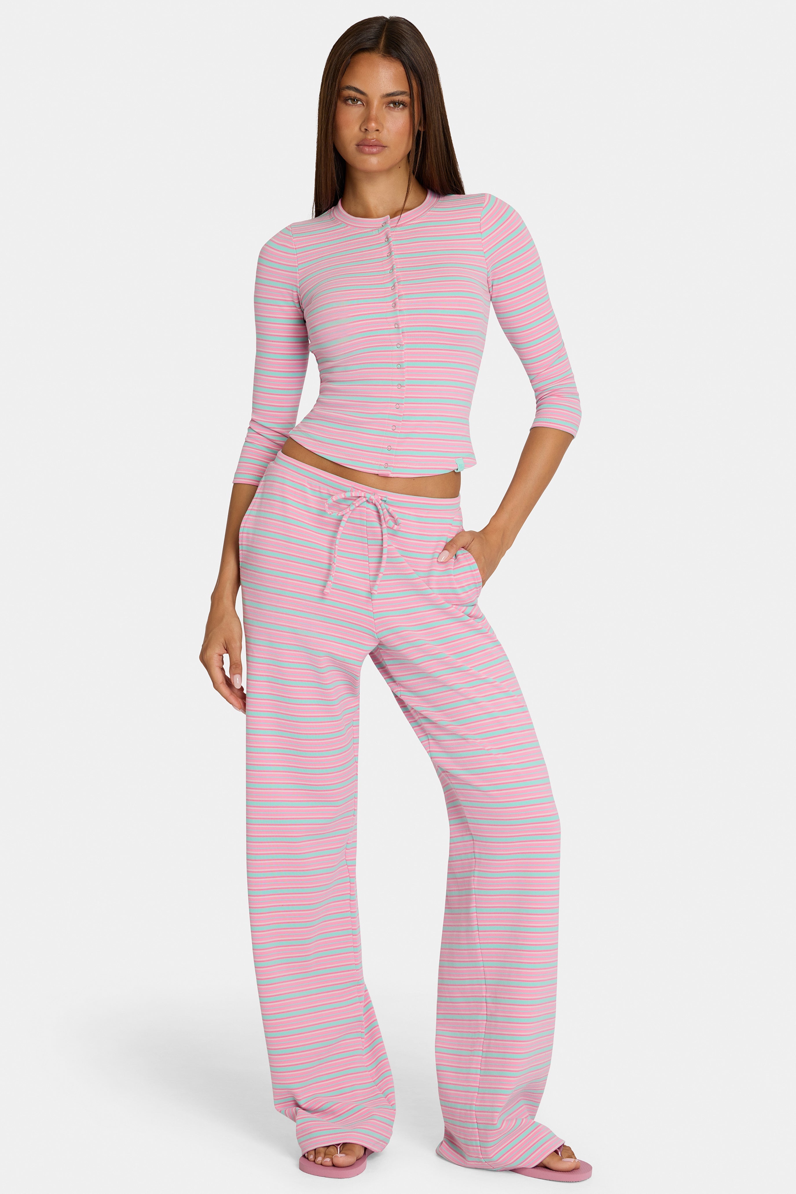 Brushed Jersey Low-Rise Trousers in Multi Stripe