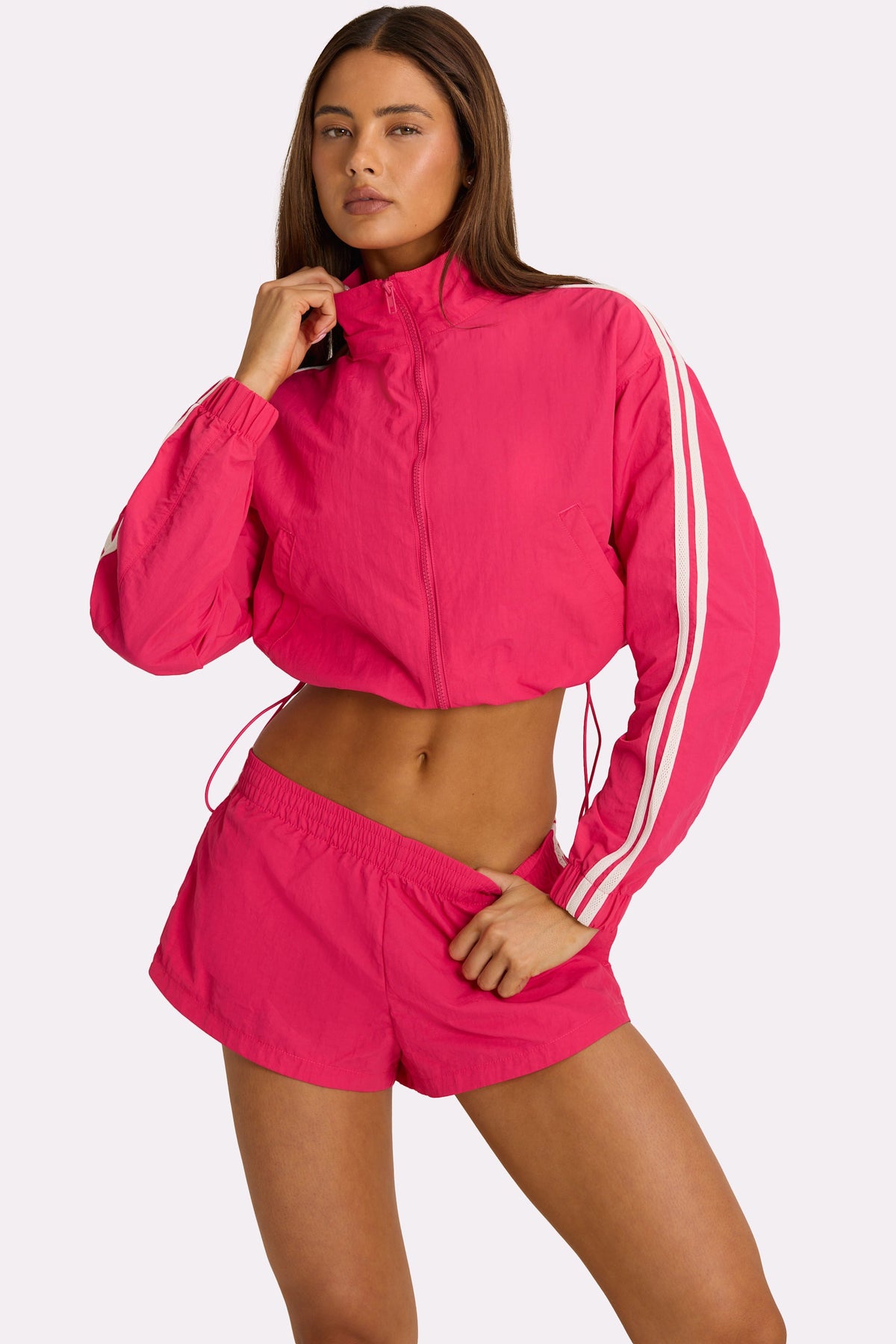 Woven Zip-Up Track Jacket in Hot Pink
