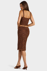 Lace Low-Rise Midi Skirt in Cocoa Brown