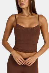 Modal Lace-Trim Peekaboo Tank Top in Cocoa Brown