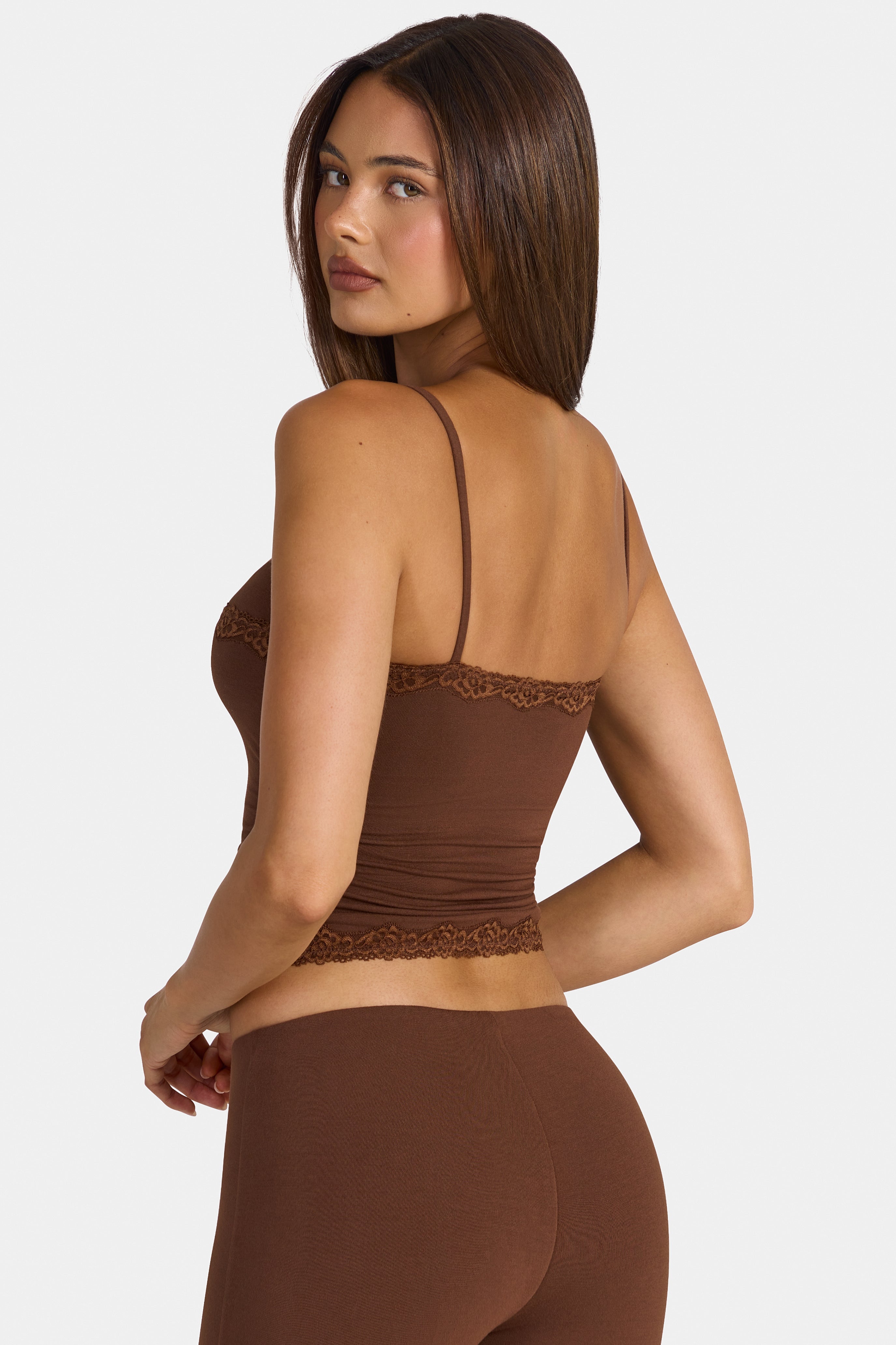 Modal Lace-Trim Peekaboo Tank Top in Cocoa Brown