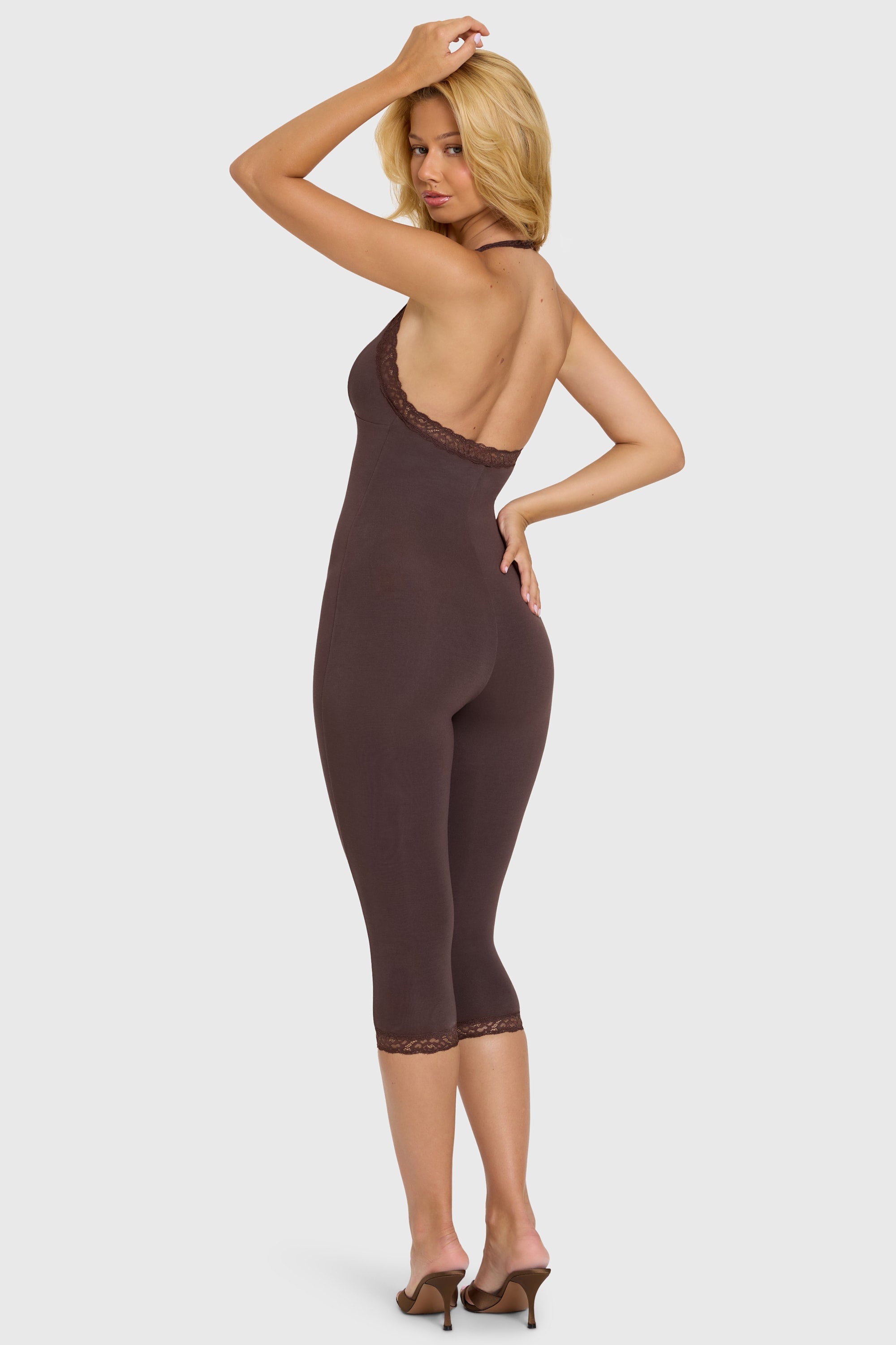 Modal Lace-Trim Capri Jumpsuit in Chocolate