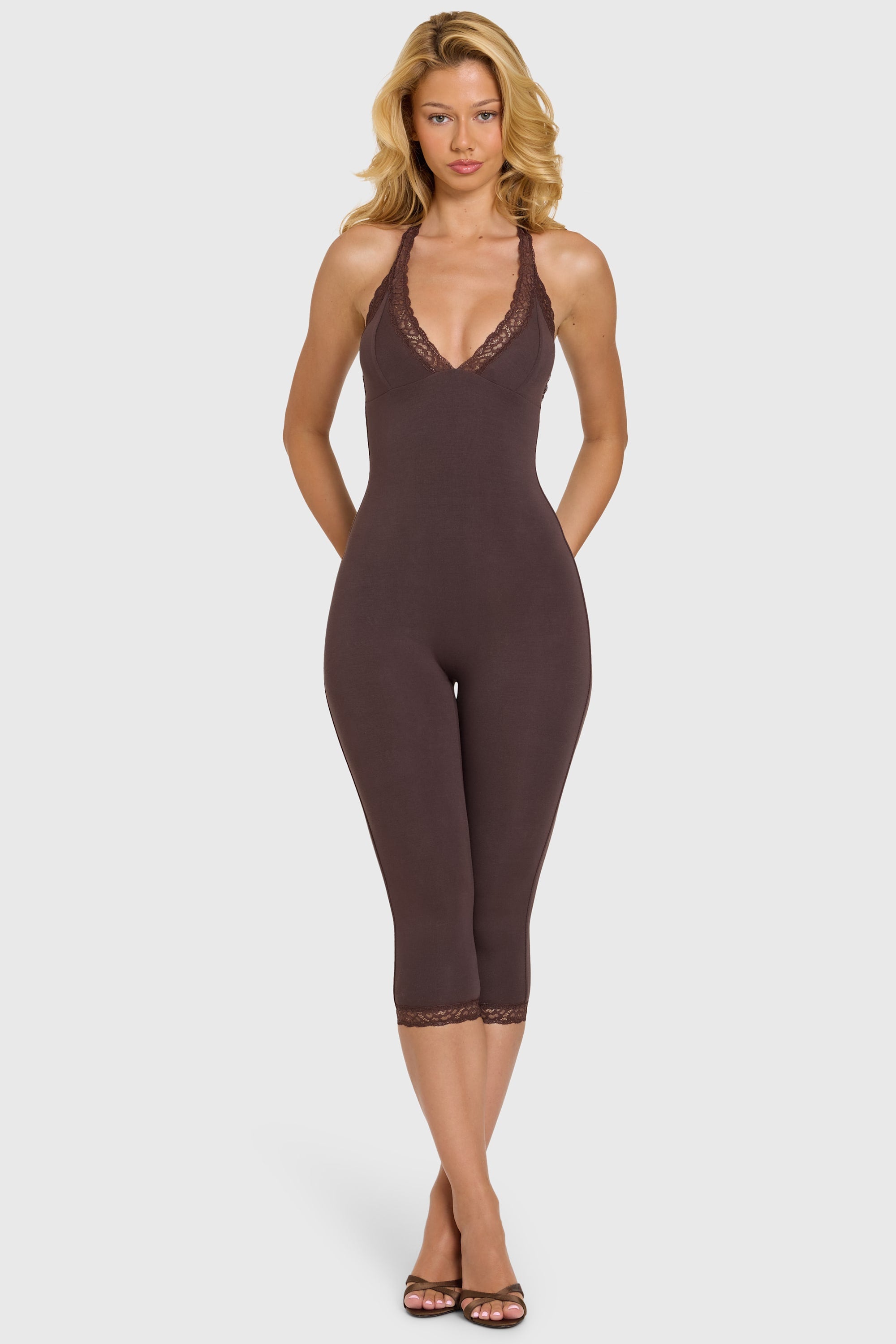 Modal Lace-Trim Capri Jumpsuit in Chocolate