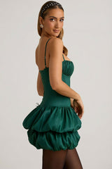 Satin Bubble Hem Corset Mini Dress in Emerald Green