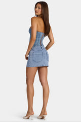 Low-Rise Denim Mini Skirt in Mid-Blue