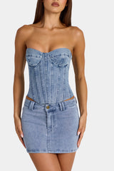 Low-Rise Denim Mini Skirt in Mid-Blue