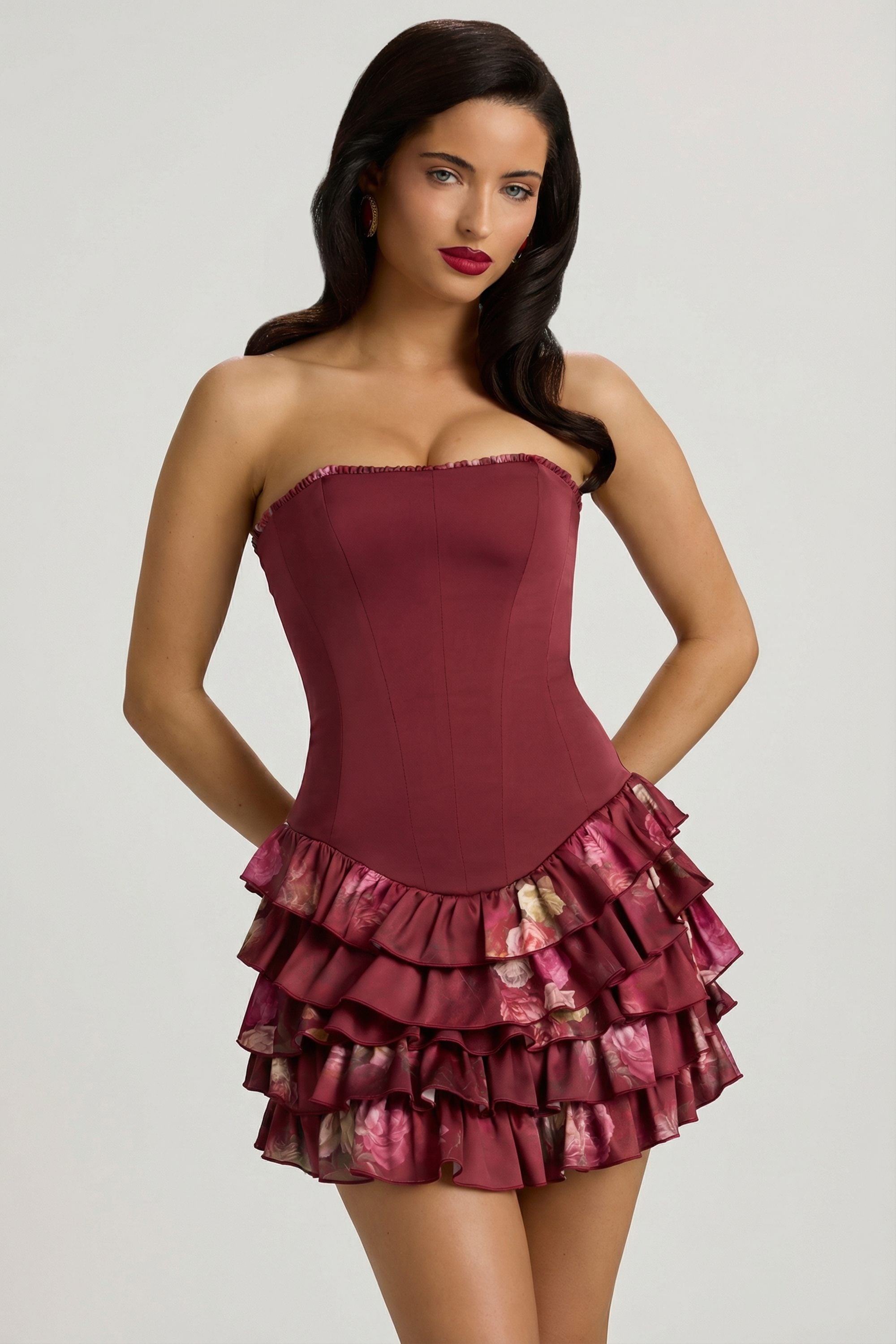Strapless Ruffled Tiered Corset Mini Dress in Maroon Floral Print