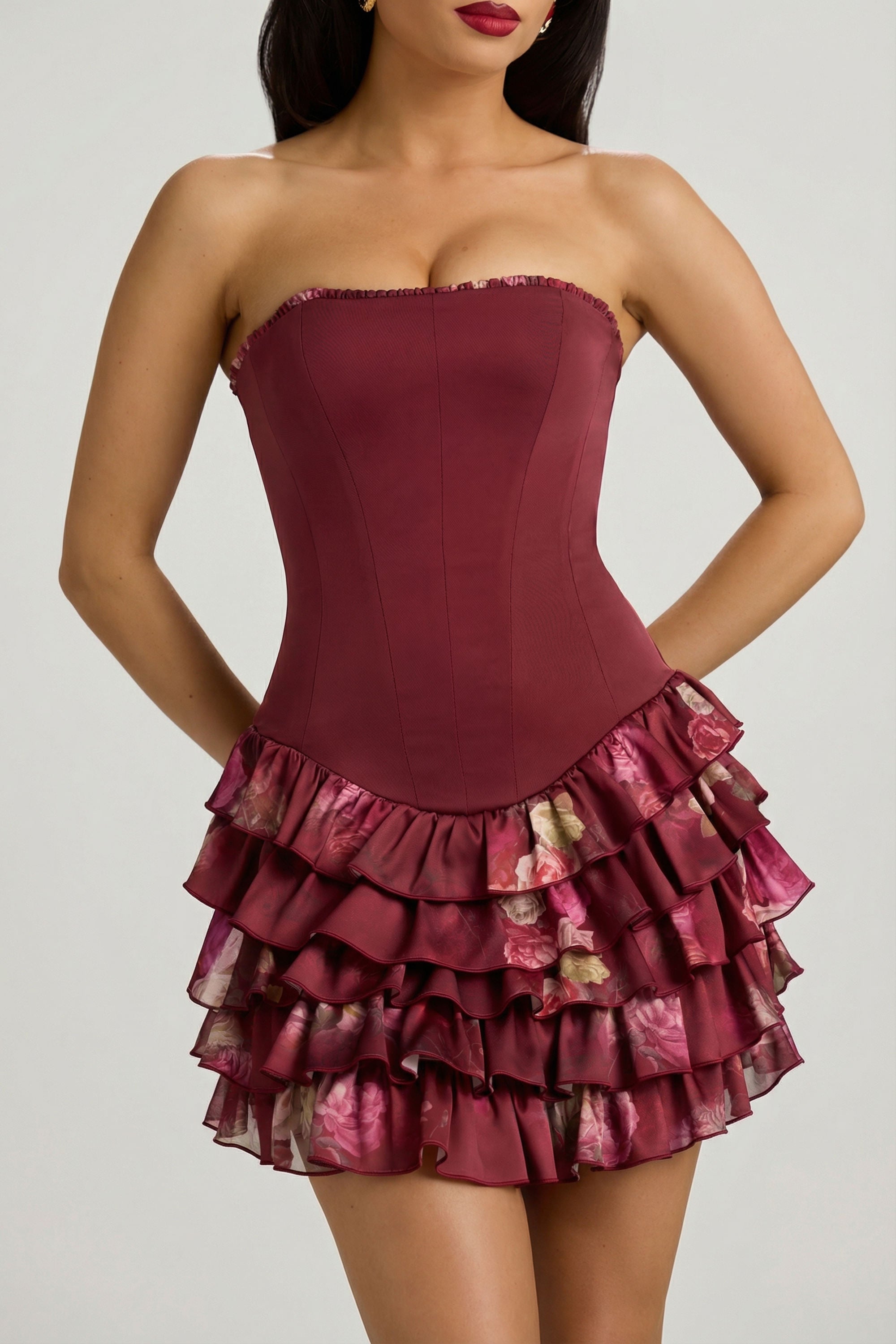 Strapless Ruffled Tiered Corset Mini Dress in Maroon Floral Print