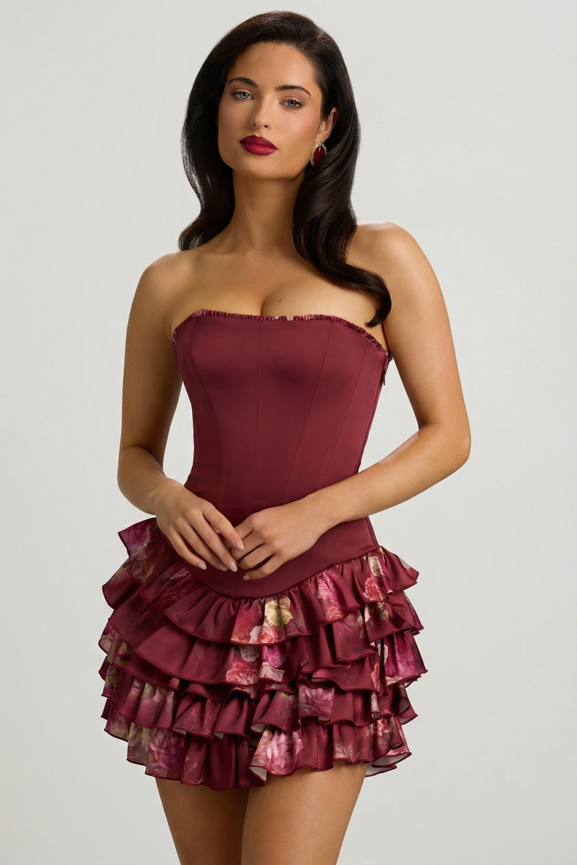 Strapless Ruffled Tiered Corset Mini Dress in Maroon Floral Print