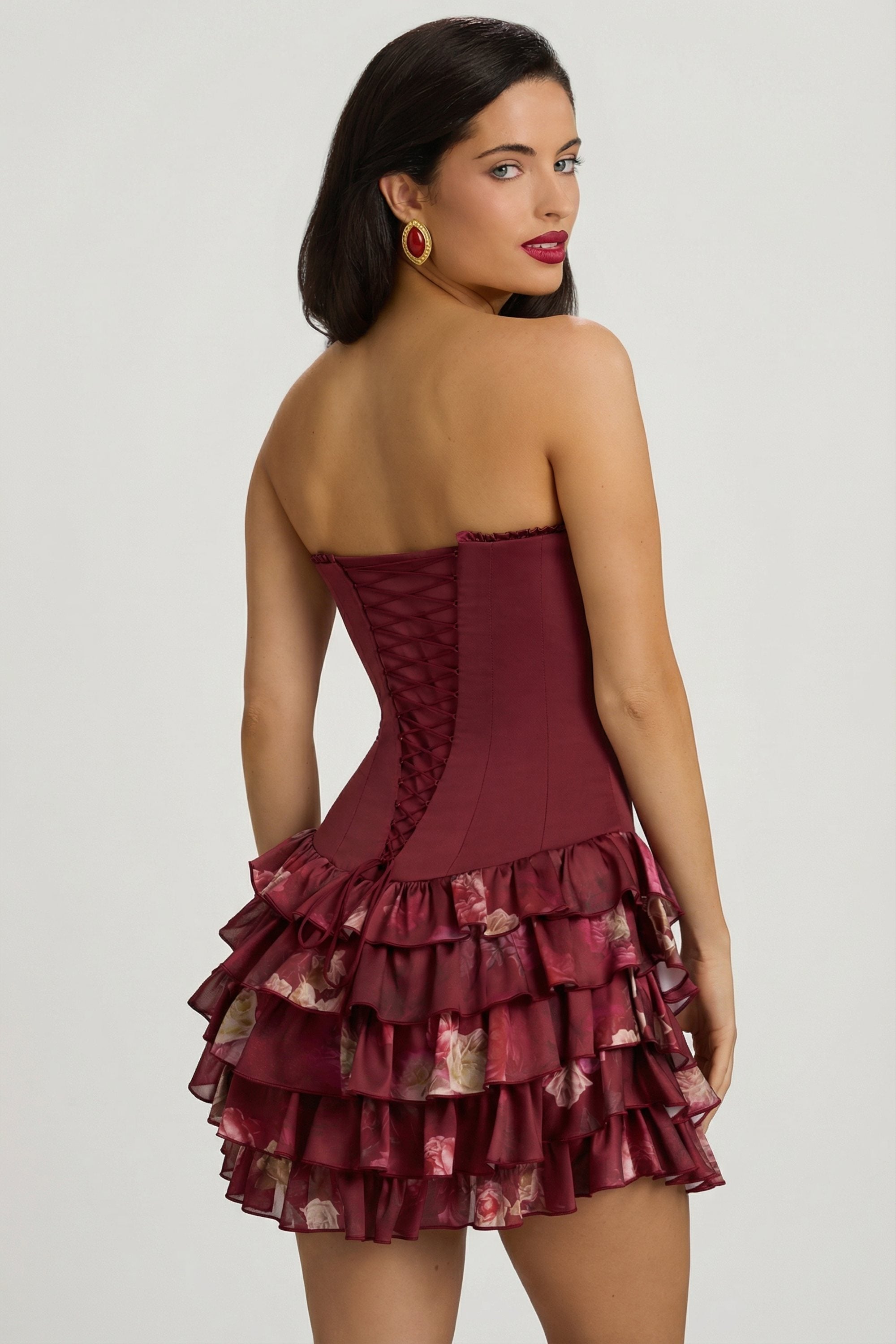 Strapless Ruffled Tiered Corset Mini Dress in Maroon Floral Print