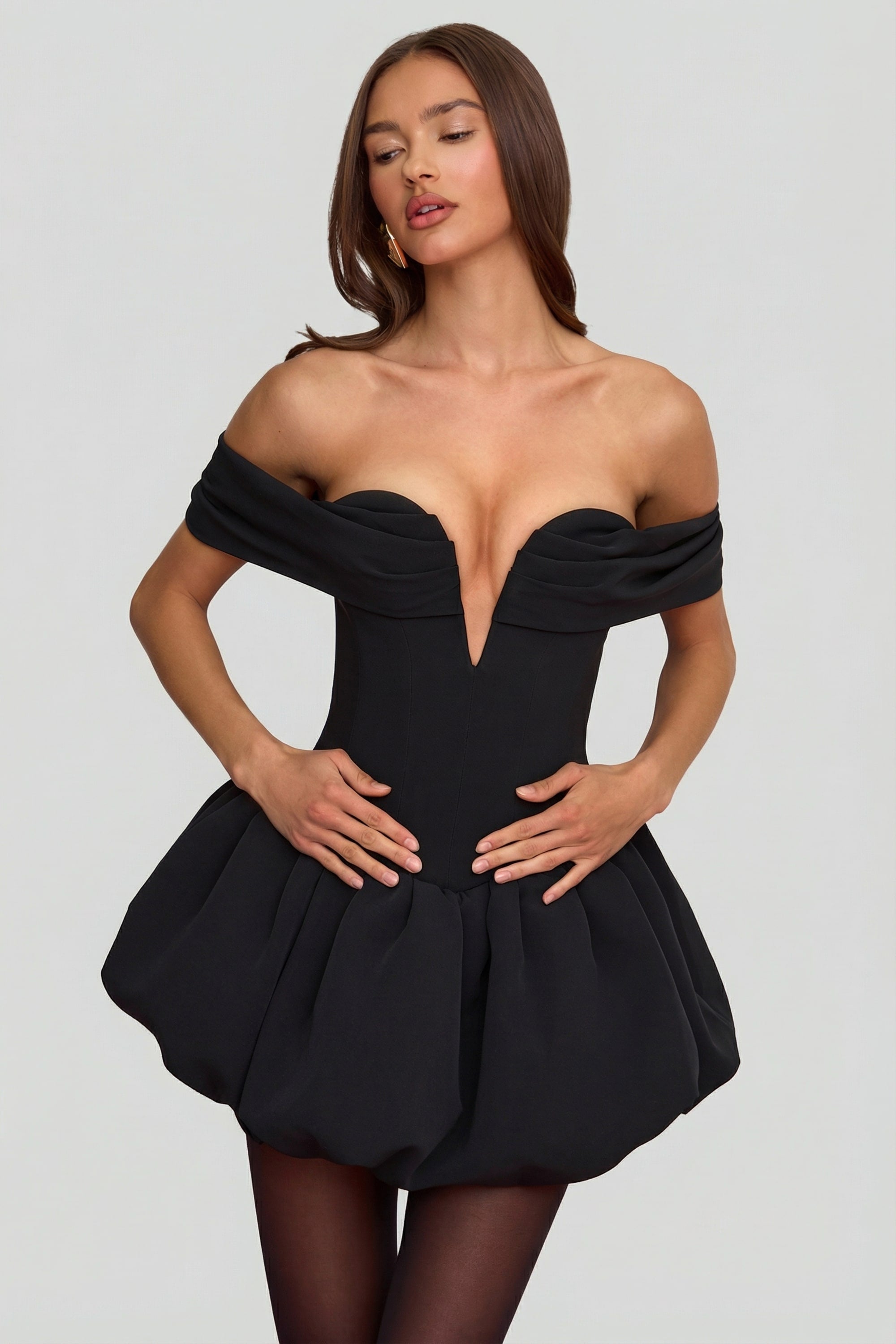 Off-Shoulder Layered Bubble Hem Corset Mini Dress in Black