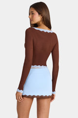 Lace-Trim Cropped Cardigan  in Cocoa Brown