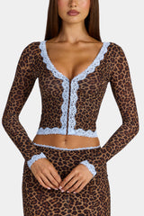 Lace-Trim Cropped Cardigan  in Leopard
