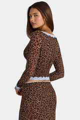 Lace-Trim Cropped Cardigan  in Leopard