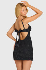 Sequin Lace Tie-Back Mini Dress in Black