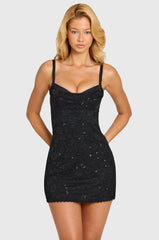 Sequin Lace Tie-Back Mini Dress in Black